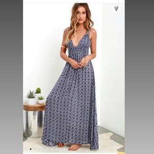 Lulu’s Field Day Navy Blue Print Tie-Strap Maxi Dress